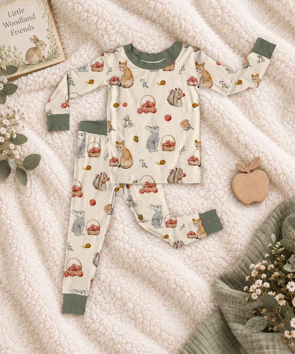 Children's bamboo pajama set laid flat on a soft cream fleece blanket, featuring an all-over woodland animal print with sage green cuffs and collar. The set includes a long-sleeve top and matching pants.